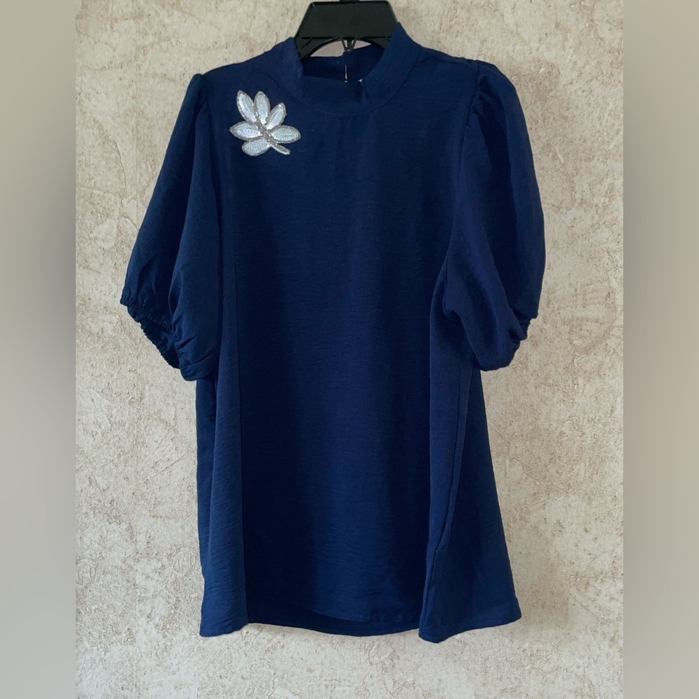 Alex & Parker  Blue Puff Sleeve Top with Floral Detail